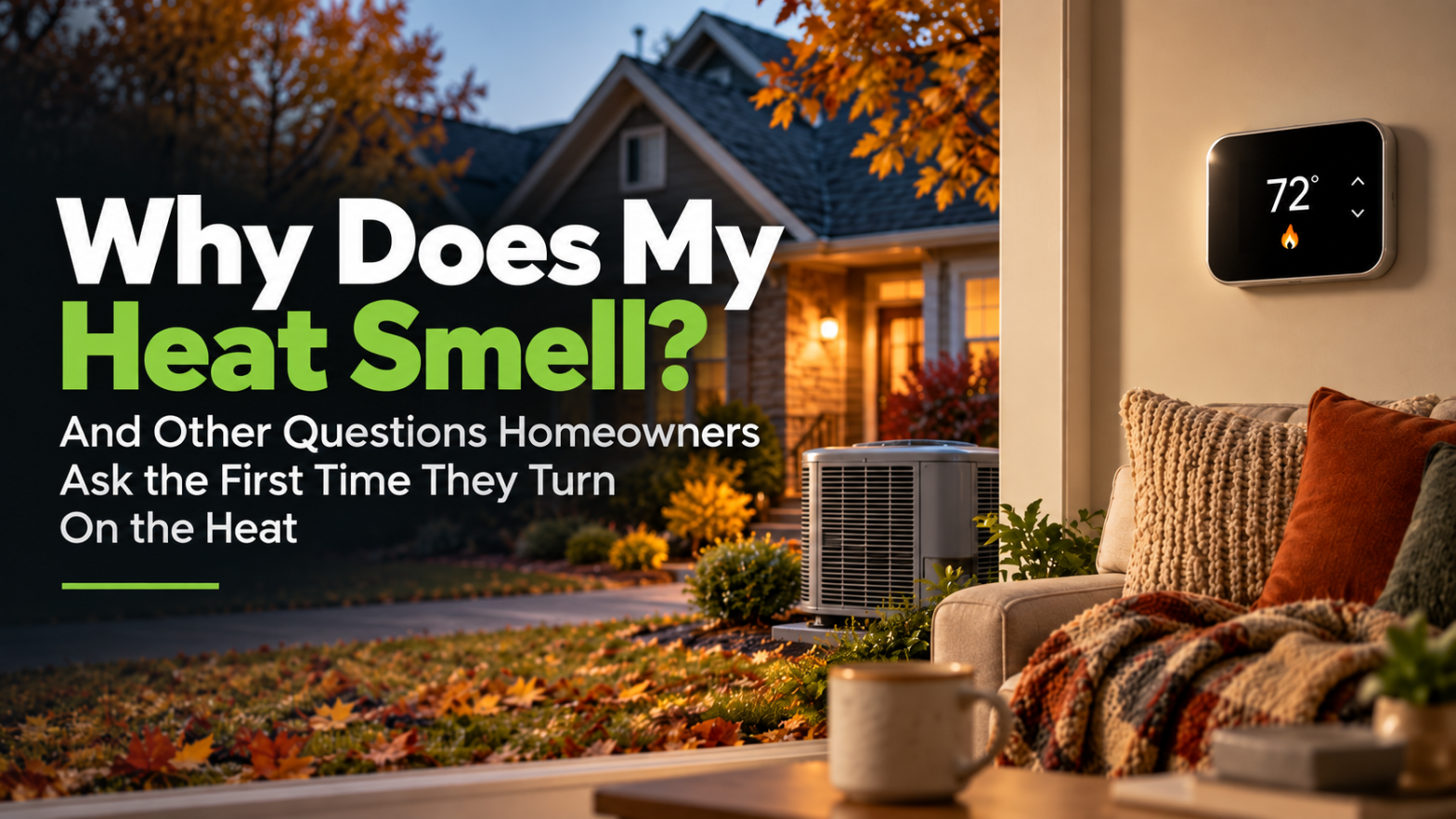 Home heating in fall with thermostat and heat pump, illustrating common questions when turning on the heat for the first time.”