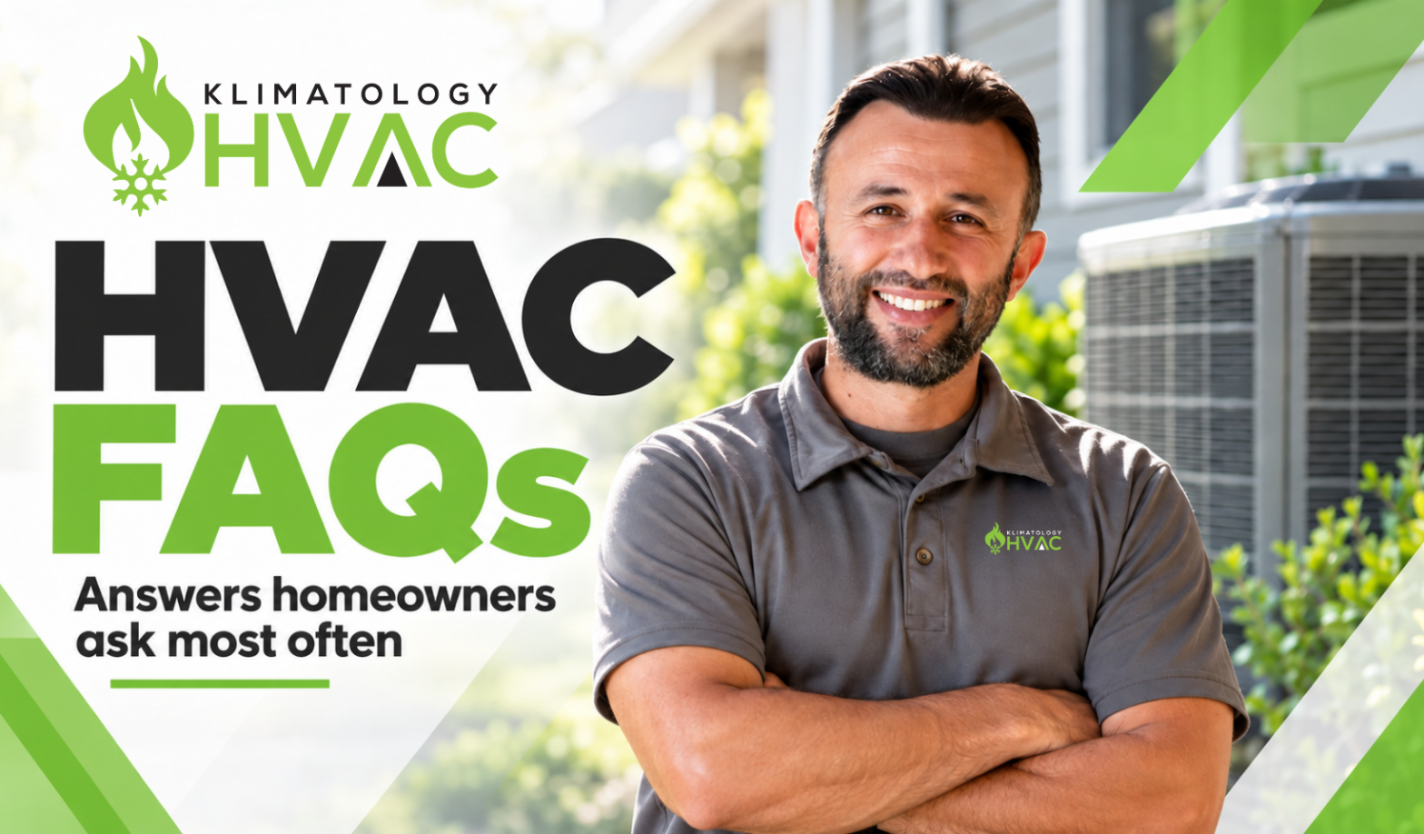 Smiling Klimatology HVAC technician beside an outdoor HVAC unit with text reading “HVAC FAQs: Answers homeowners ask most often.”
