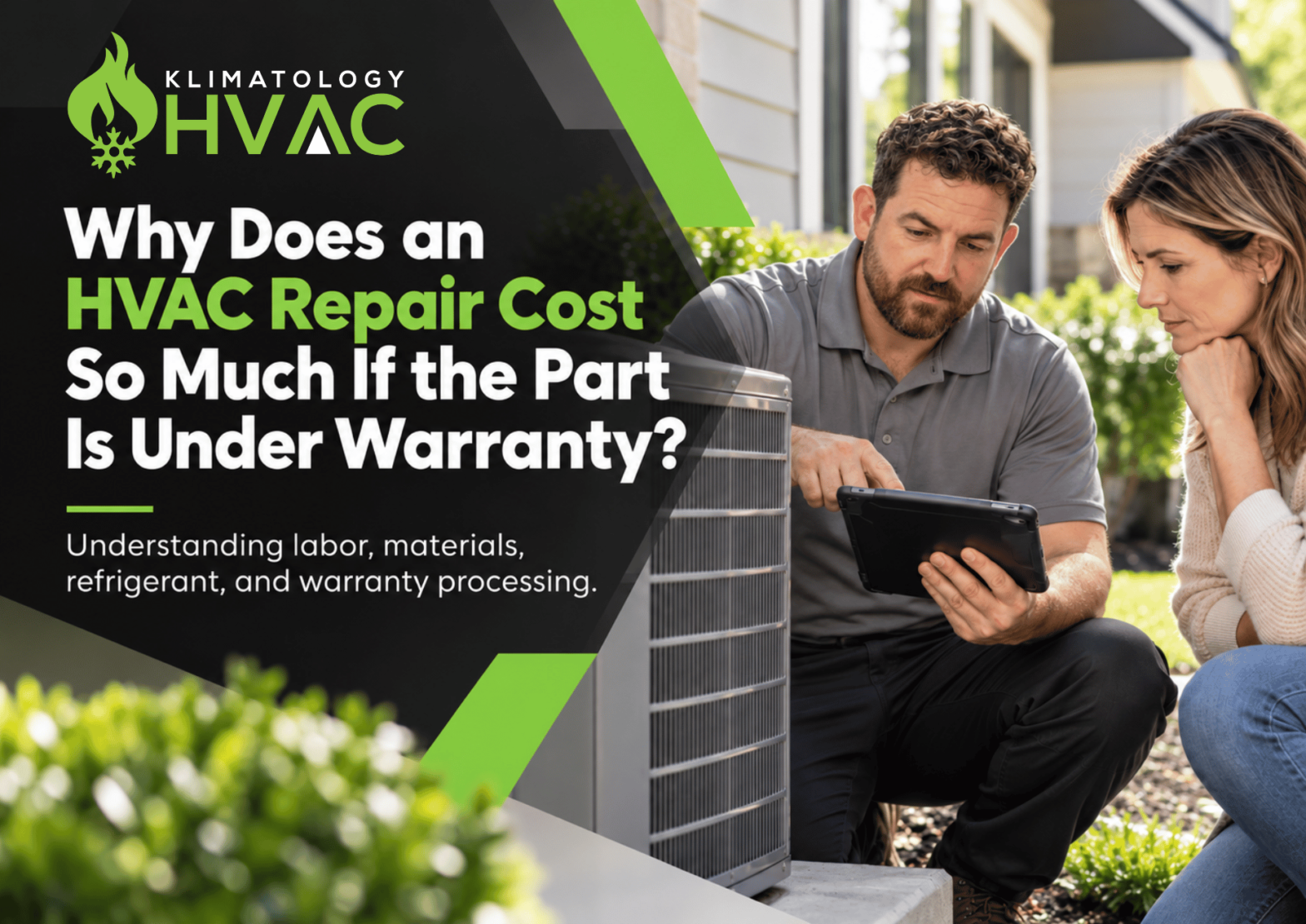 HVAC technician explains repair costs and warranty coverage to a homeowner beside an outdoor air conditioning unit.